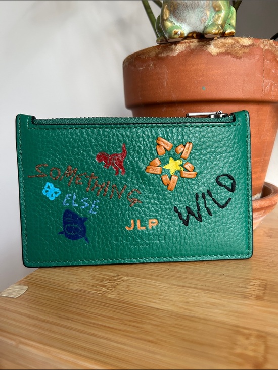 Coach Accessories - Coach Green Leather Zip Card Holder with Colorful Embroidery Customized Embossed